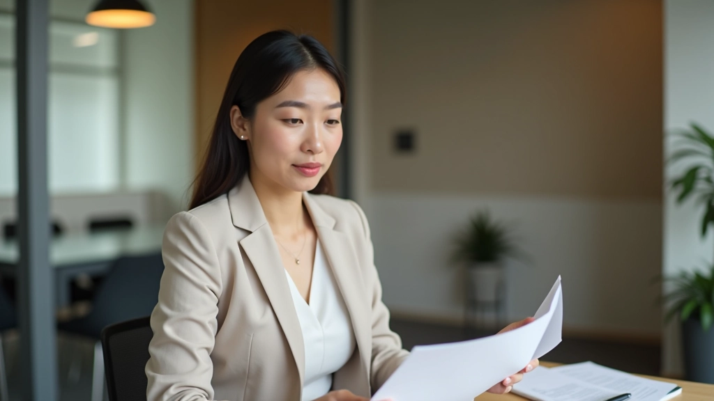 Professional woman with resume and portfolio documents in Hong Kong office setting, preparing for career transition